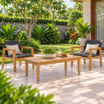 Romo Teak Rectangular Coffee Table with Outdoor Lounge Chairs