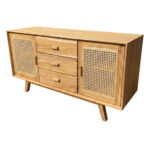 Solid teak sideboard with natural rattan cane doors and drawers