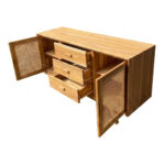 Savara solid teak rattan sideboard with doors and drawers open