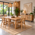Savara teak rattan sideboard in modern tropical dining room