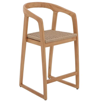 Selly Solid Teak Outdoor Bar Chair with Natural Woven Seat and Armrests