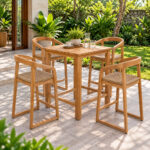 Selly Teak Outdoor Bar Chairs with Natural Woven Seats Around a Garden Dining Table