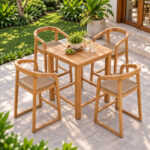 Selly Solid Teak Bar Chairs with Curved Backrests and Woven Seats in Outdoor Garden