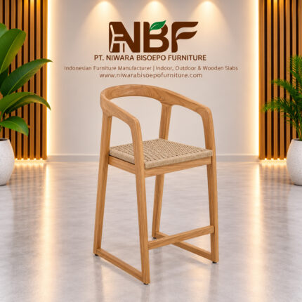 Selly Solid Teak Outdoor Bar Chair with Armrests and Natural Woven Seat in NBF Studio