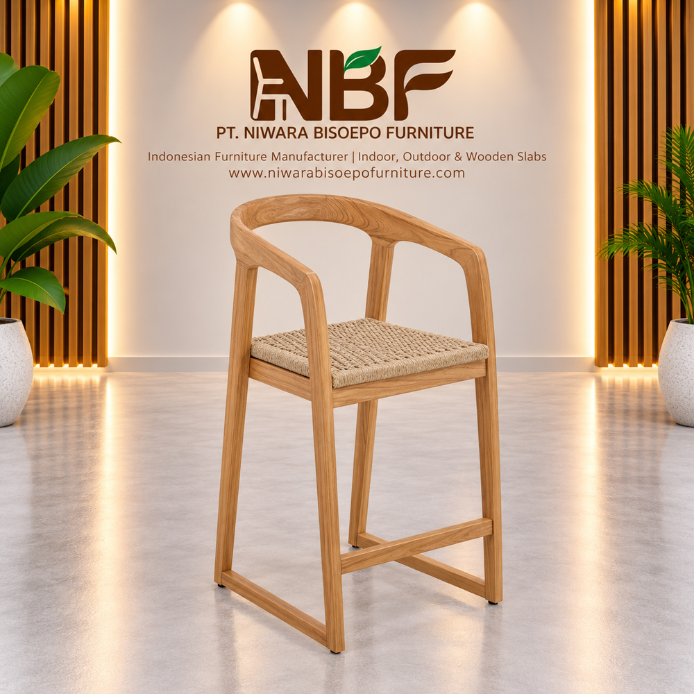 Selly Teak Natural Weave Outdoor Bar Chair NBF Studio Selly Solid Teak Outdoor Bar Chair with Armrests and Natural Woven Seat in NBF Studio