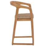 Selly Teak Outdoor Bar Chair Side View with Curved Backrest and Natural Woven Seat
