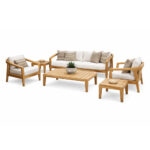 Solid teak Seraya outdoor lounge set with sofa, lounge chairs and coffee table