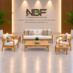 Solid teak Seraya outdoor lounge set in a modern interior showroom by Niwara Bisoepo Furniture