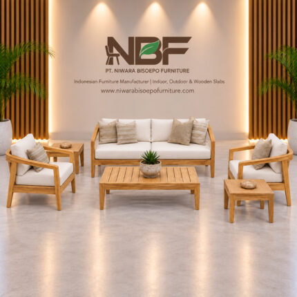 Solid teak Seraya outdoor lounge set in a modern interior showroom by Niwara Bisoepo Furniture