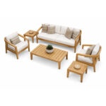 Solid teak outdoor lounge set with modern sofa, armchairs and teak coffee table