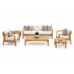 Modern solid teak garden lounge set with sofa, lounge chairs and matching tables