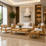 Solid teak Seraya lounge set styled in an elegant modern interior living space