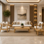 Solid teak outdoor lounge furniture set with sofa, chairs and tables in a modern living space
