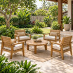 Solid Teak Round Coffee Table with Three Legs in Outdoor Garden Setting