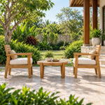 Solid Teak Three-Leg Coffee Table with Outdoor Teak Lounge Chairs in Garden