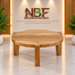Solid Teak Three-Leg Coffee Table with Round Slatted Top in NBF Furniture Studio