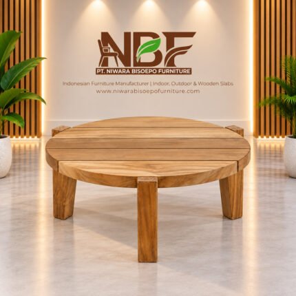 Solid Teak Three-Leg Coffee Table with Round Slatted Top in NBF Furniture Studio