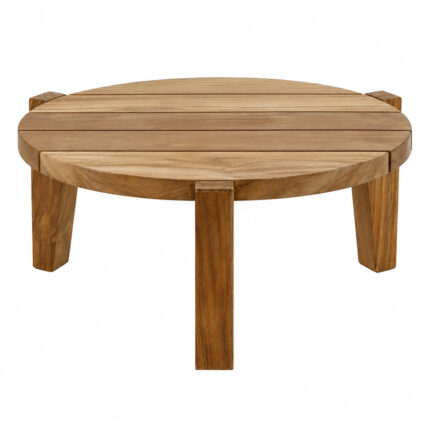 Solid Teak Round Three-Leg Coffee Table with Slatted Wooden Top