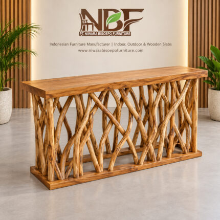 Solid teak branch console table displayed in Niwara Bisoepo Furniture showroom