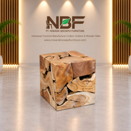 TerraCube teak root side table and stool in NBF furniture studio