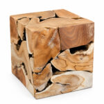 Natural solid teak root TerraCube side table and stool three quarter view