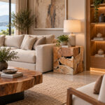 Natural teak root side table and stool beside sofa in contemporary interior