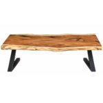 Live edge Suar wood dining table with natural slab top and black angled iron base