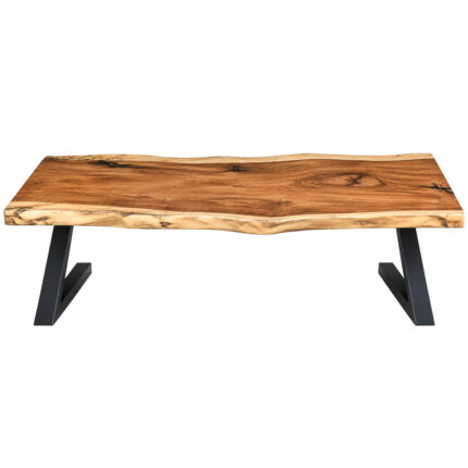 Live edge Suar wood dining table with natural slab top and black angled iron base