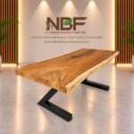 Z-Forge live edge Suar wood dining table with angled iron base in Niwara Bisoepo Furniture studio