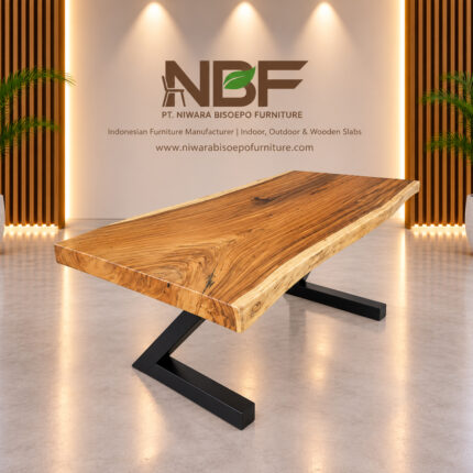 Z-Forge live edge Suar wood dining table with angled iron base in Niwara Bisoepo Furniture studio