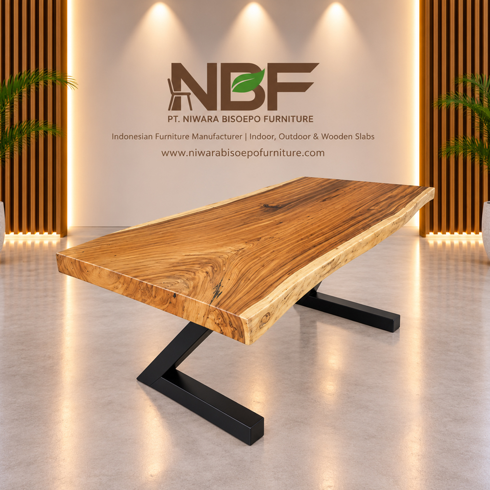 Z-Forge Live Edge Suar Wood Dining Table Niwara Studio Z-Forge live edge Suar wood dining table with angled iron base in Niwara Bisoepo Furniture studio