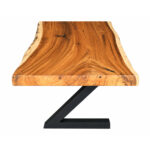 Solid Suar wood dining table featuring a natural live edge and contemporary black iron base