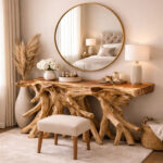 Natural teak root console table in elegant bedroom interior