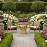Round glass top teak root dining table in landscaped garden dining area