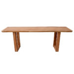 Aditya solid Suar wood dining table with natural live edges and geometric wooden frame base on a white background