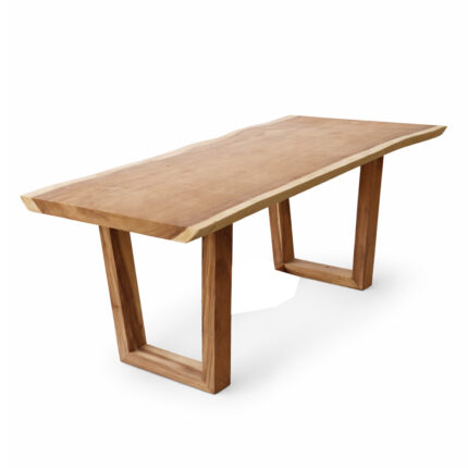 Aditya live edge Suar wood dining table with geometric wooden frame legs, three-quarter view