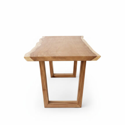 Side view of the Aditya dining table showing its live edge tabletop and geometric wooden legs