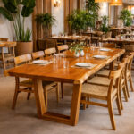 Solid Suar wood live edge dining table in a restaurant interior with wooden chairs