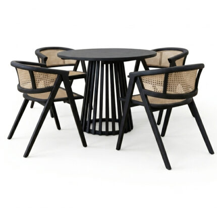 Round solid teak dining table with slatted pedestal and four woven rattan dining chairs