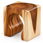 Front view of the ArcoForm Solid Suar Wood Stool showing its curved opening