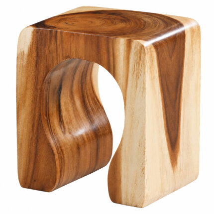 Natural Suar wood grain and curved sculptural opening of the ArcoForm Stool