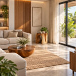 Sculptural Suar wood accent stool in a contemporary living room