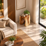 ArcoForm Suar wood stool styled beside a sofa in a modern living room