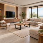 Modern solid teak coffee table with black metal frame in contemporary living room