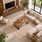 Solid teak Arden coffee table with black metal legs in modern living room