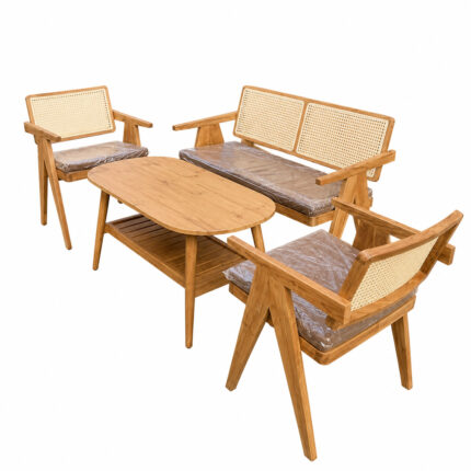 Aris solid teak coffee table and rattan backrest armchair set on white background