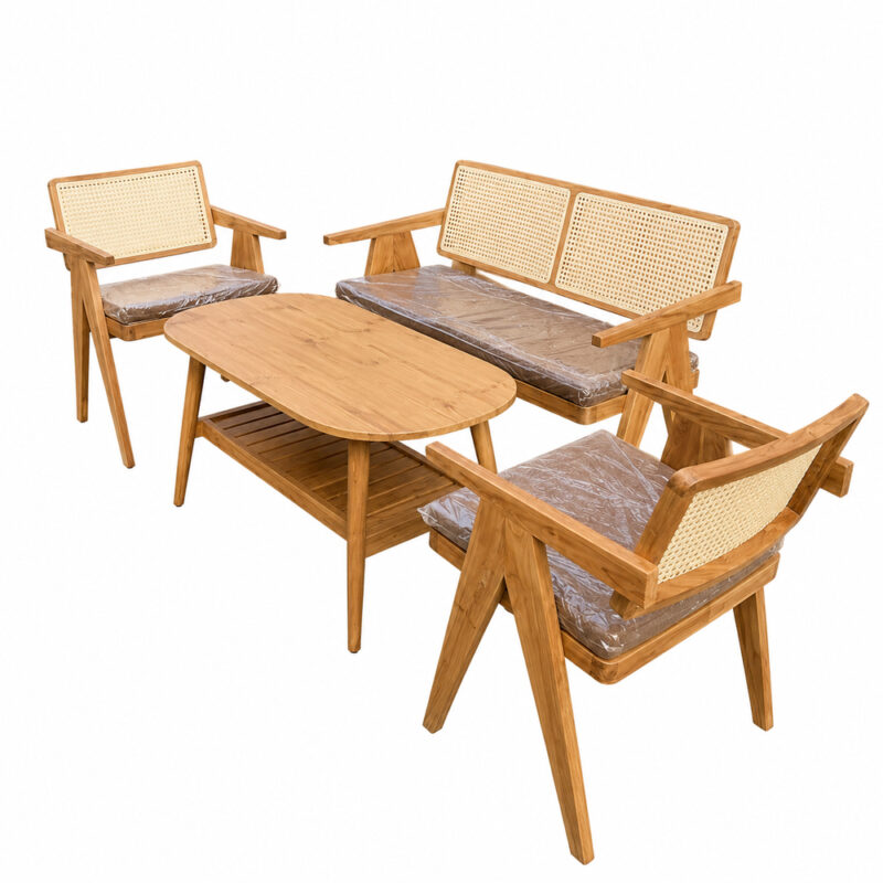 Aris solid teak coffee table and rattan backrest armchair set on white background