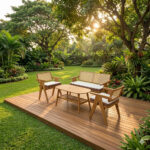 Aris teak wood living room set in a tropical garden setting