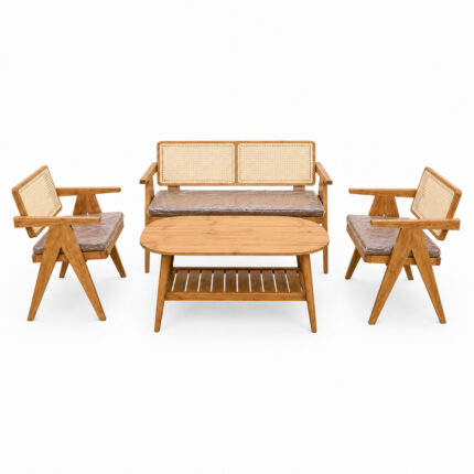 Front view of Aris teak wood sofa set with oval coffee table