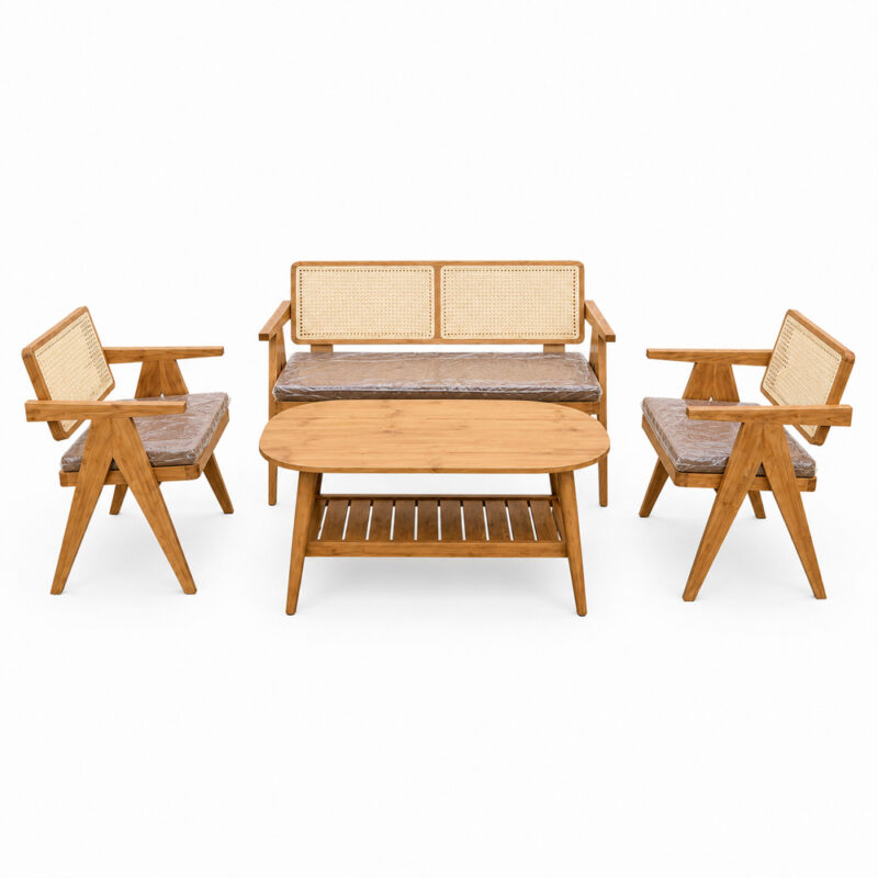 Front view of Aris teak wood sofa set with oval coffee table